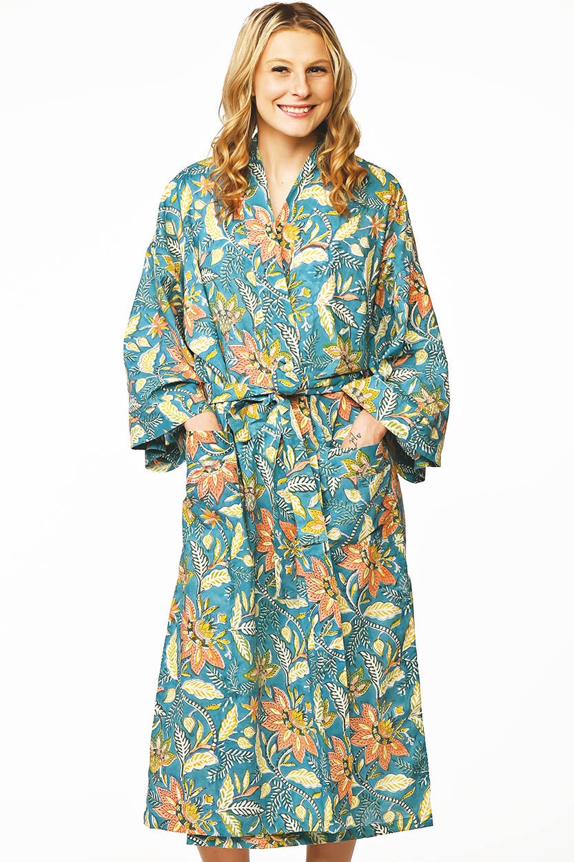 Lalita Block Print Kimono Robes: Turquoise