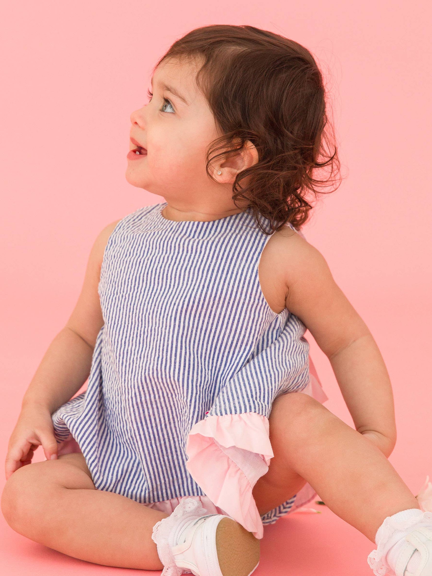 Baby Girls Blue Seersucker Ruffle Swing Top & Bloomer Set: Blue / 6-12m