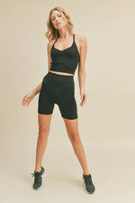 Black Ribbed Seamless Sweetheart Crop Tank Set: Black / L