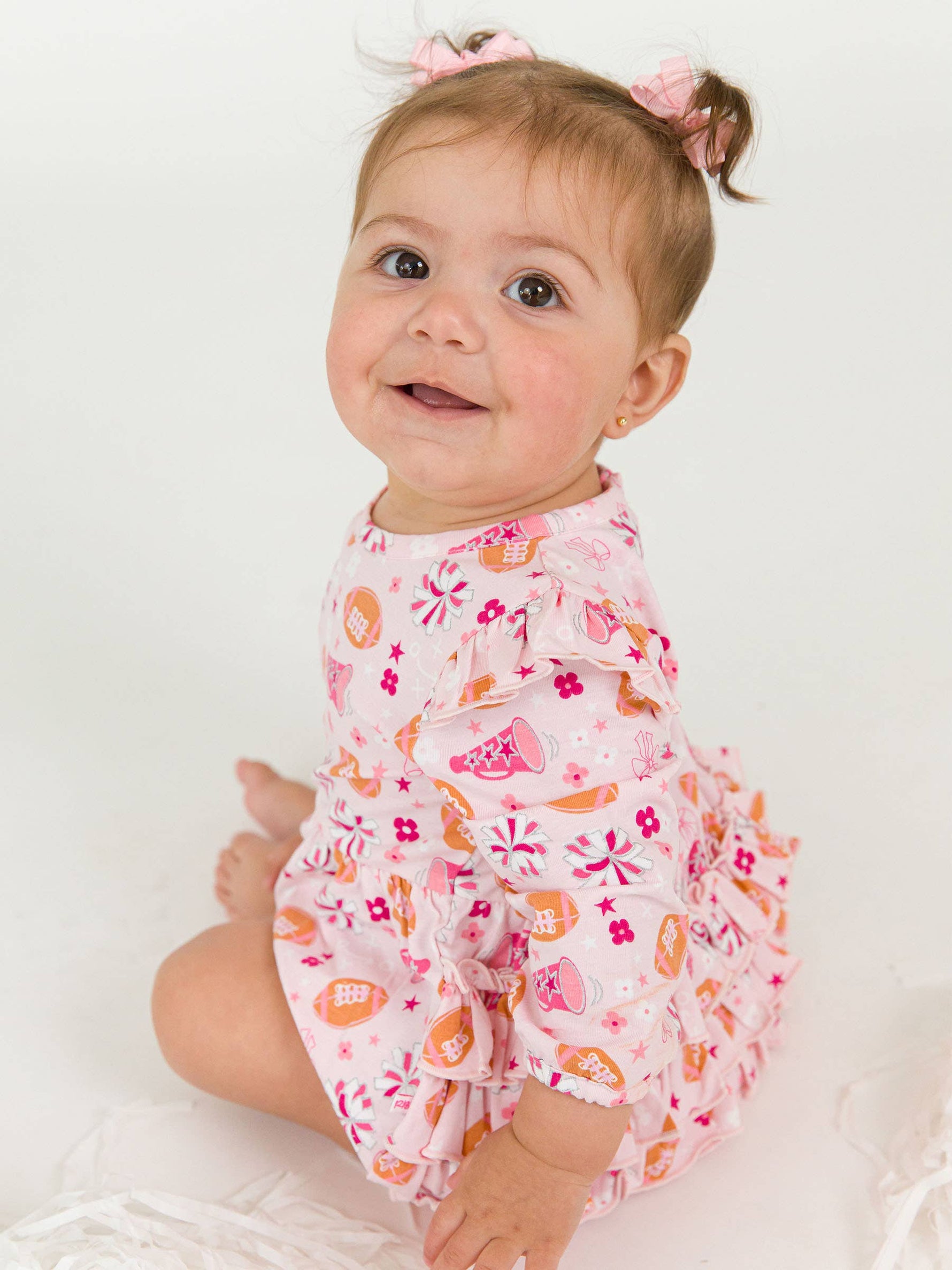 Baby Girls Spirit Squad Football Knit Long Sleeve Flutter Bubble Romper: Pink / 18-24m