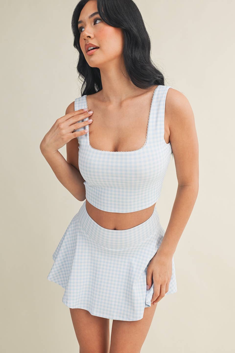 Gingham Print Crop Tank with Lace Trim: Blue Gingham / M