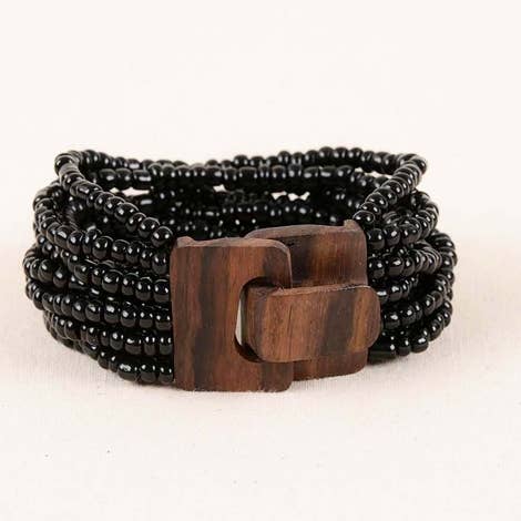 Bali Glass Beads Bracelet with Mini Wood Buckle: Black