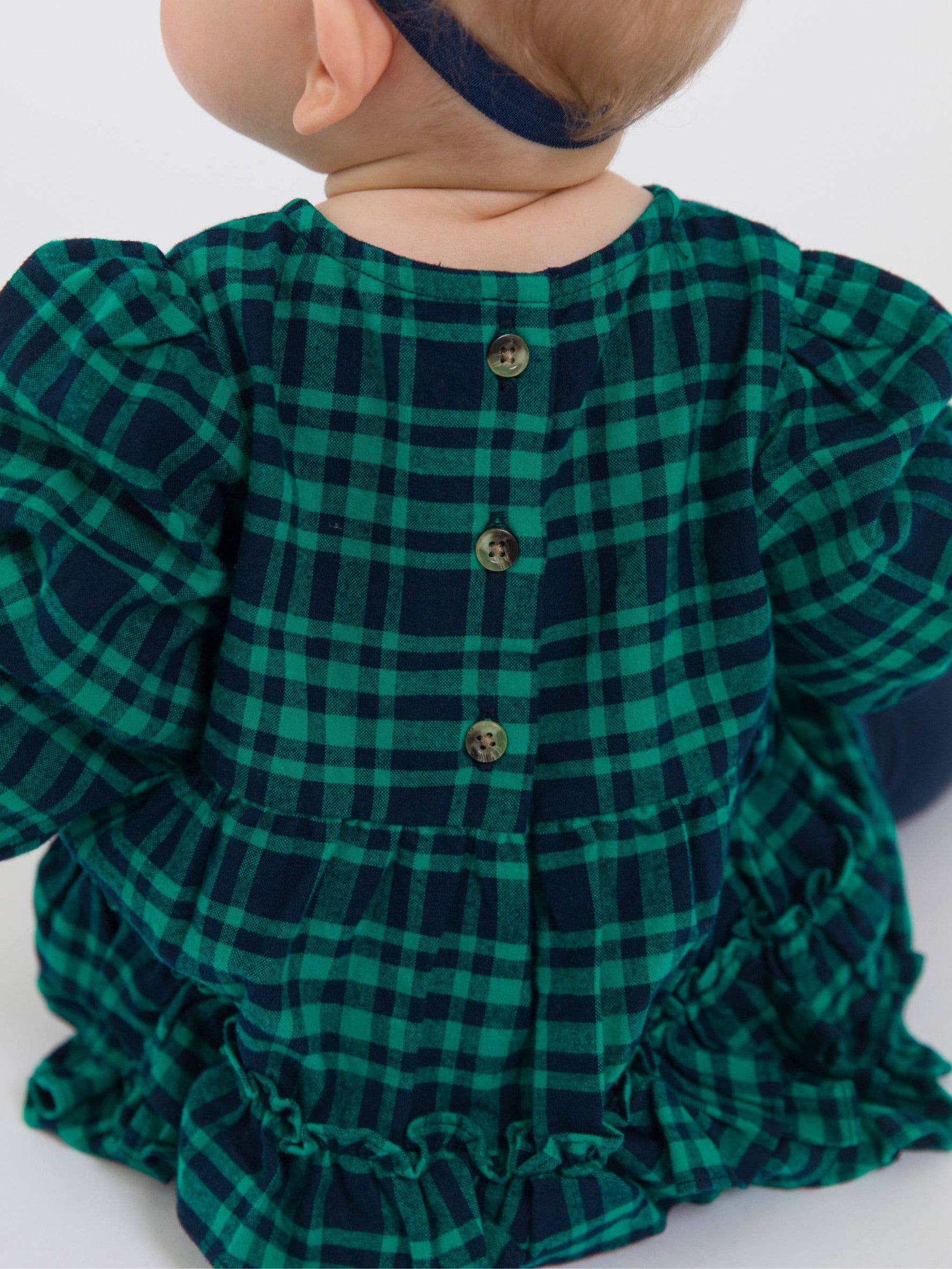 Baby Girls Hayden Plaid Woven Long Sleeve Bubble Romper: Green / 6-12m