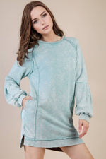 Mineral Washed Raglan Sleeve Casual Mini Dress: SAGE