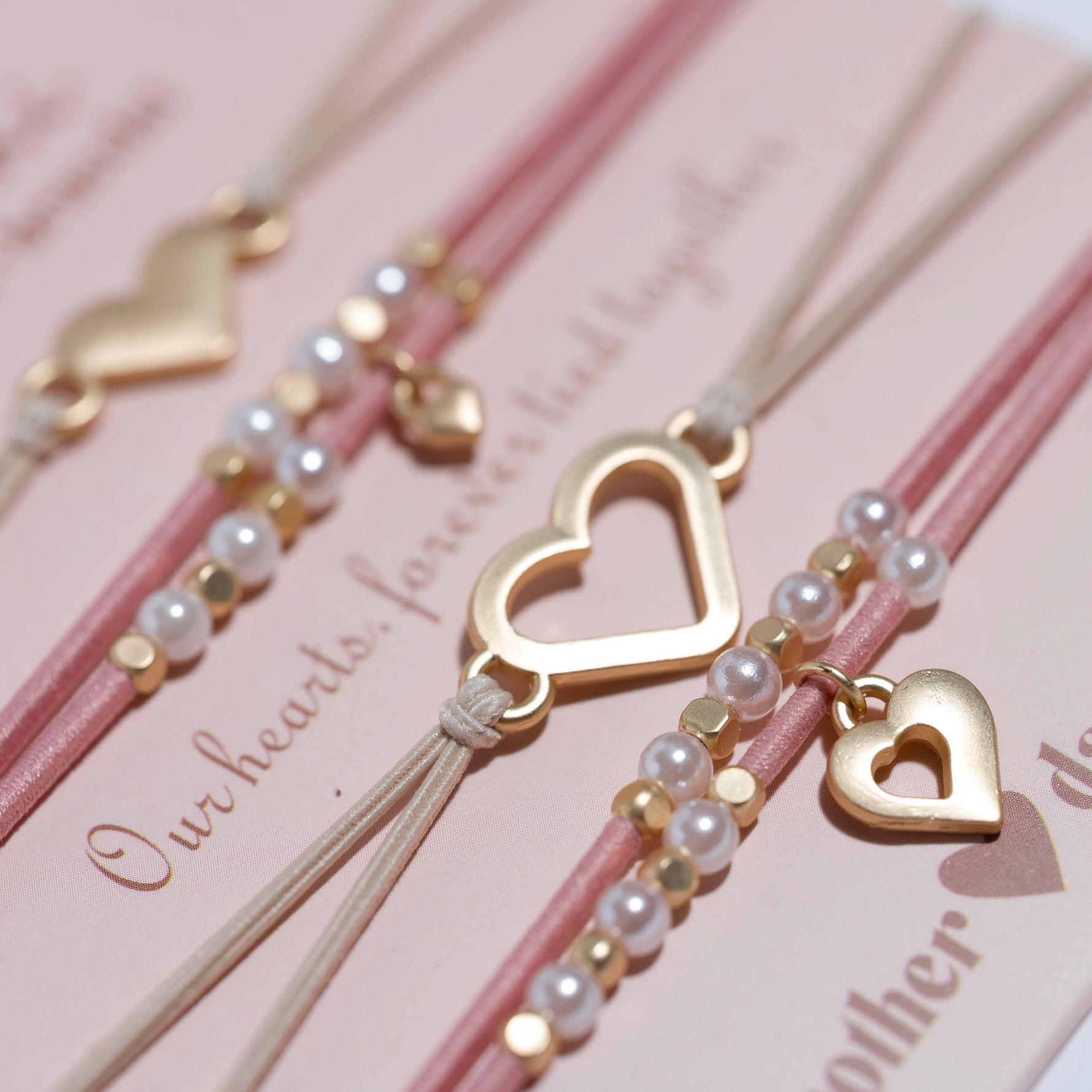 "Mother / Daughter" Pink with Pearls and Gold Hearts Shareable Hair Tie Bracelets