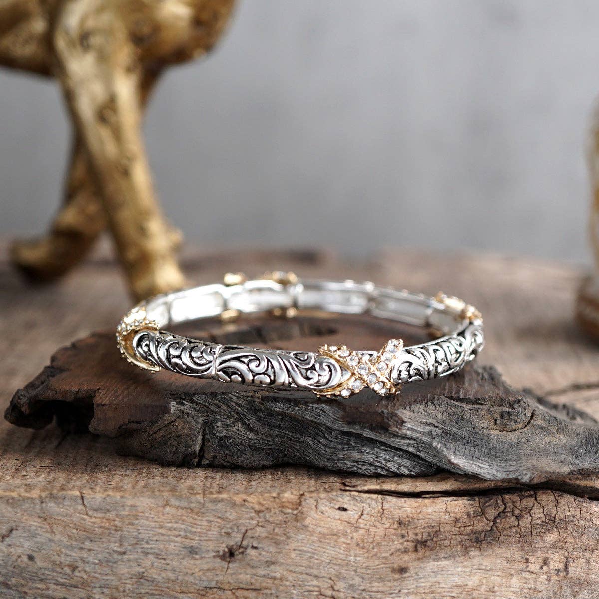 Luna Links – Silver Boho Bangles Collection: Caviar Texture - Two Tone