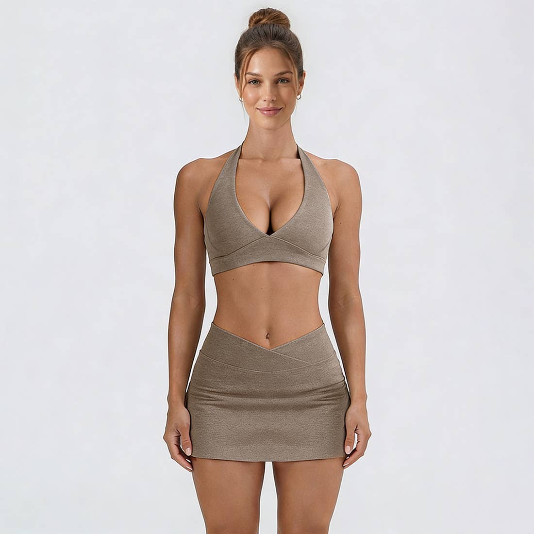 Women's Tennis Set:Halterneck Tank Top And Cross-Waist Skirt: Coffee / M