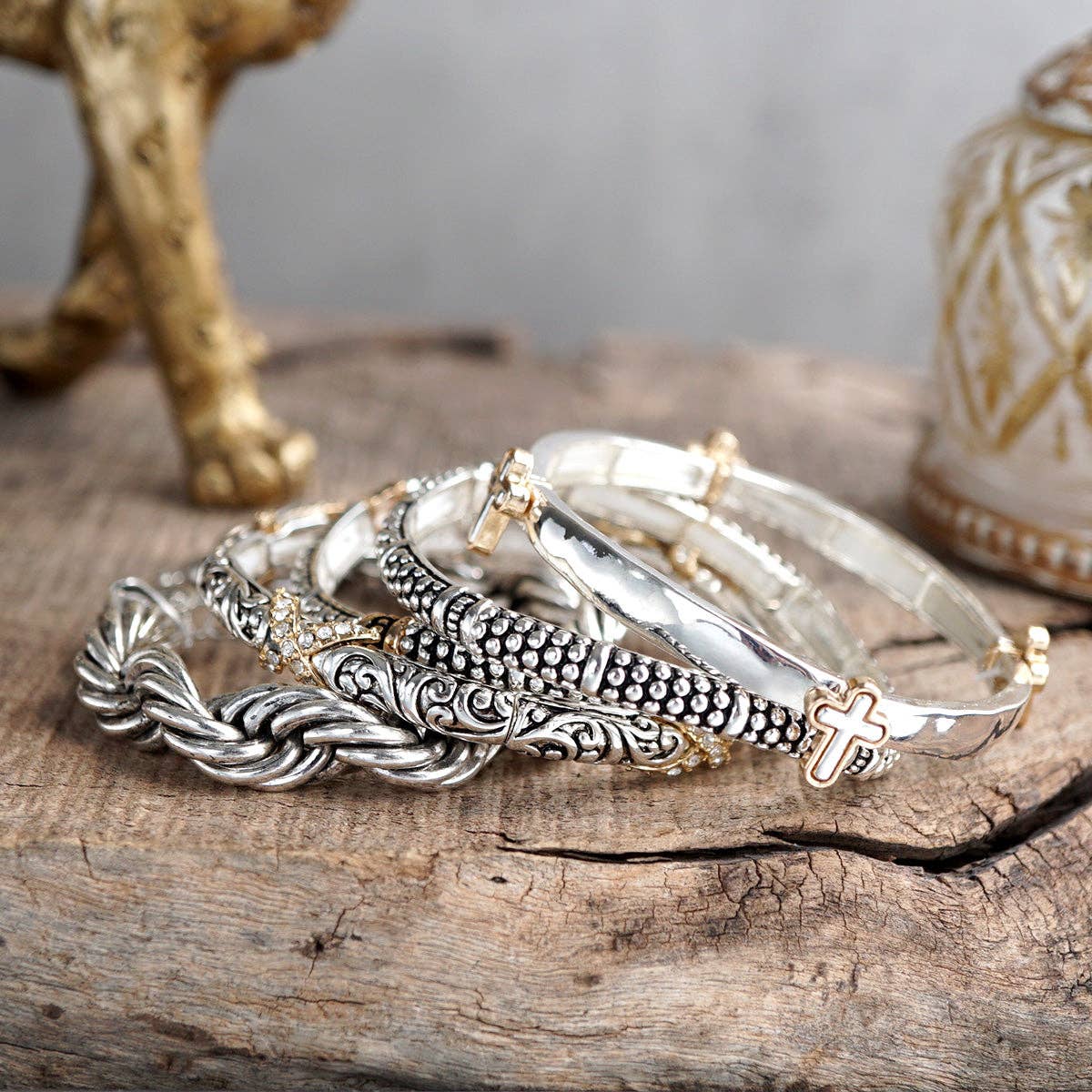 Luna Links – Silver Boho Bangles Collection: Caviar Texture - Two Tone
