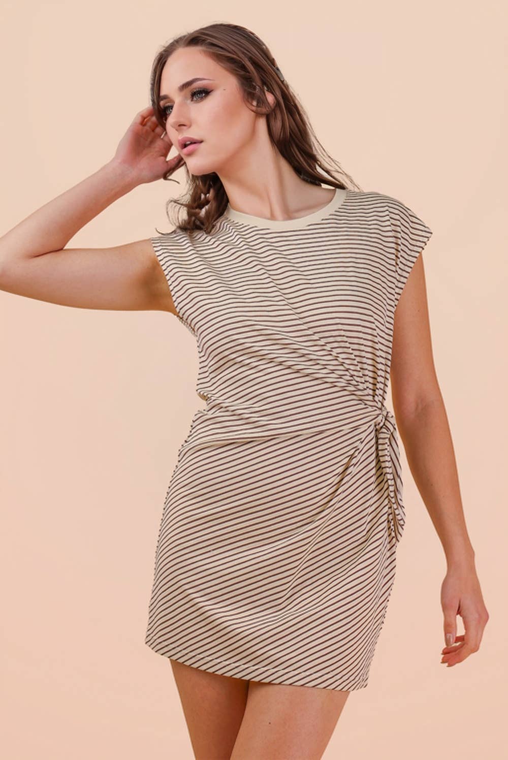 Stripe Knit Sleeveless Mini Dress W/ Tie Detail: CHOCO/CREAM