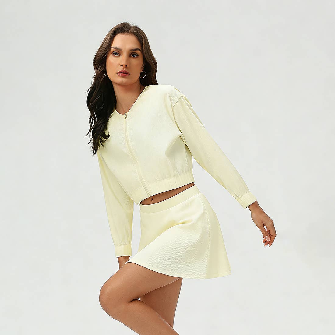 Women's Summer Set:Cropped Full Zipper Jacket And Skirt: Yellow / 8