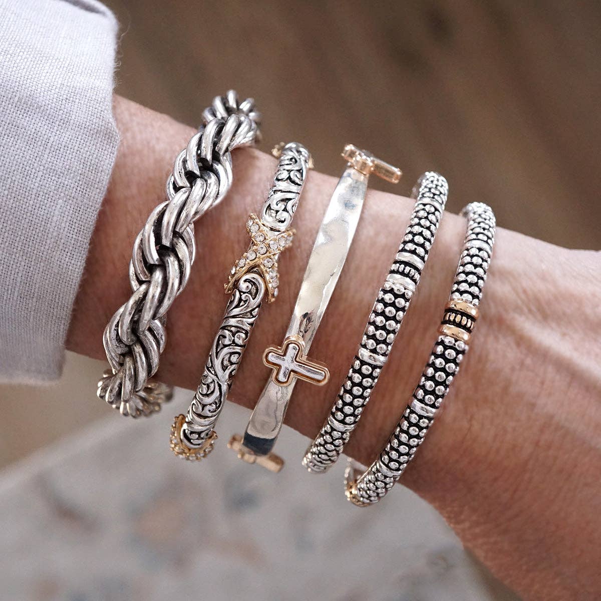 Luna Links – Silver Boho Bangles Collection: Caviar Texture - Two Tone