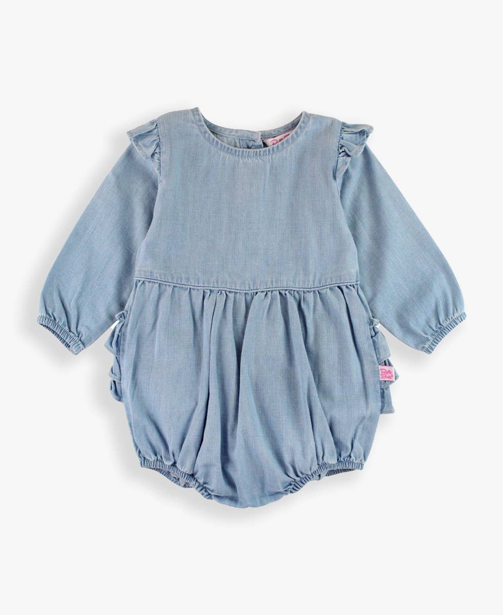 Baby Girls Light Wash Denim Long Sleeve Flutter Bubble Romper: Blue / 12-18m