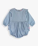 Baby Girls Light Wash Denim Long Sleeve Flutter Bubble Romper: Blue / 2T