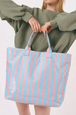 Glossy Striped Large Tote Bag: Green Pink Stripe