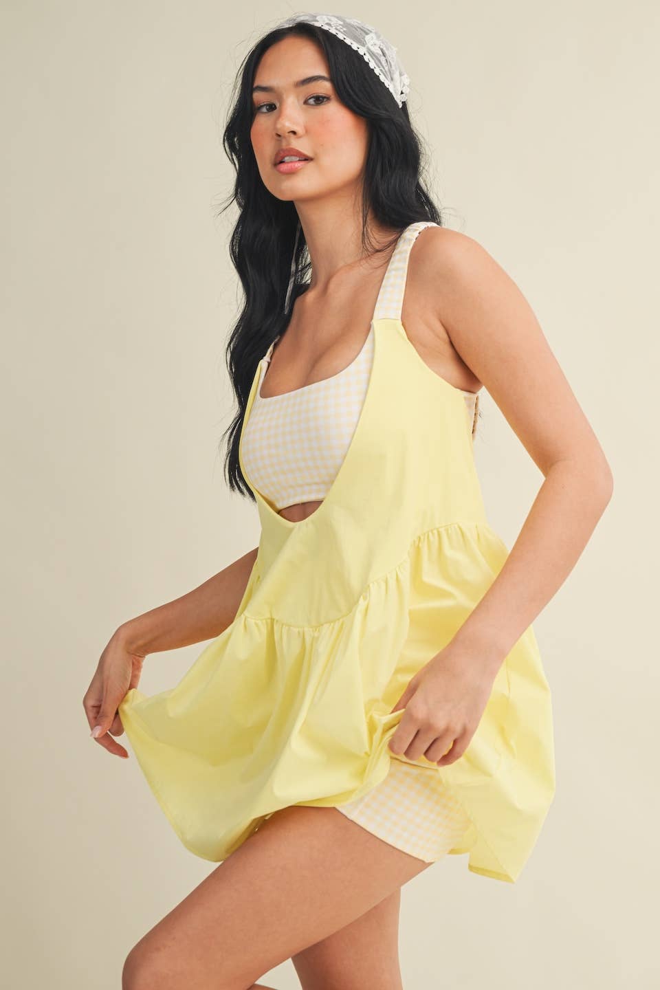 Gingham Print Double Layered Play Dress: Blue / S