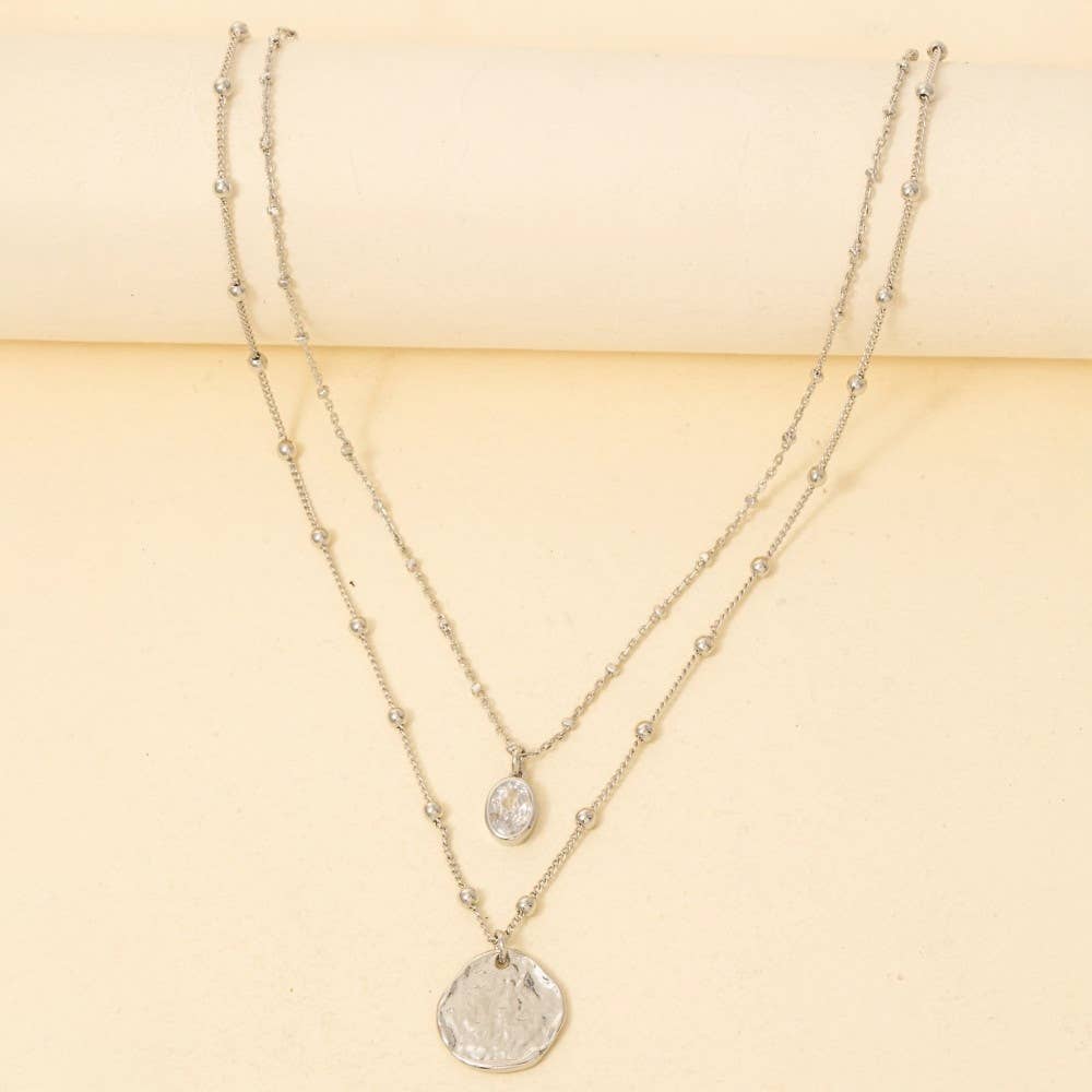 Coin And Oval Cz Charm Layered Chain Necklace