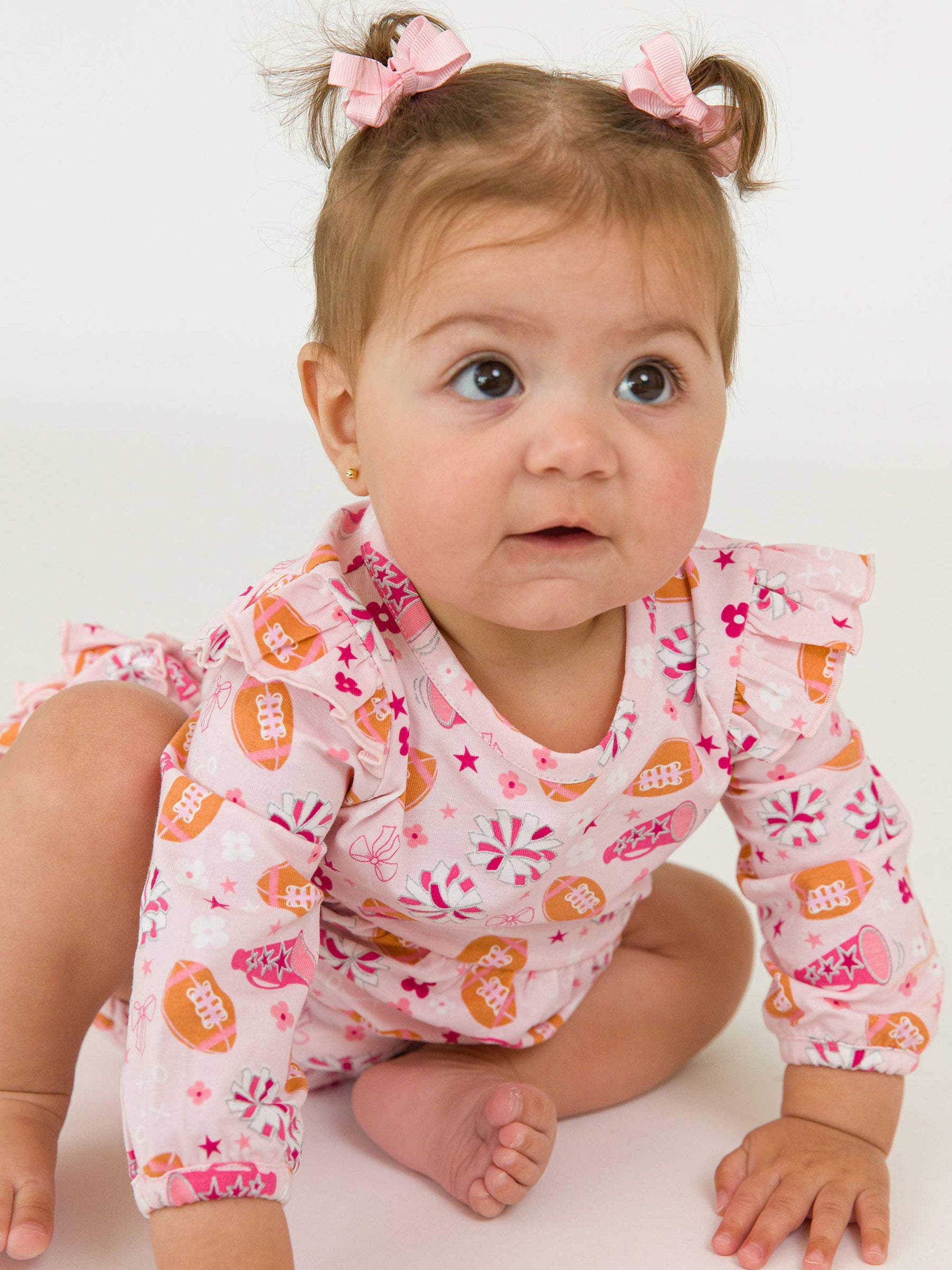 Baby Girls Spirit Squad Football Knit Long Sleeve Flutter Bubble Romper: Pink / 12-18m