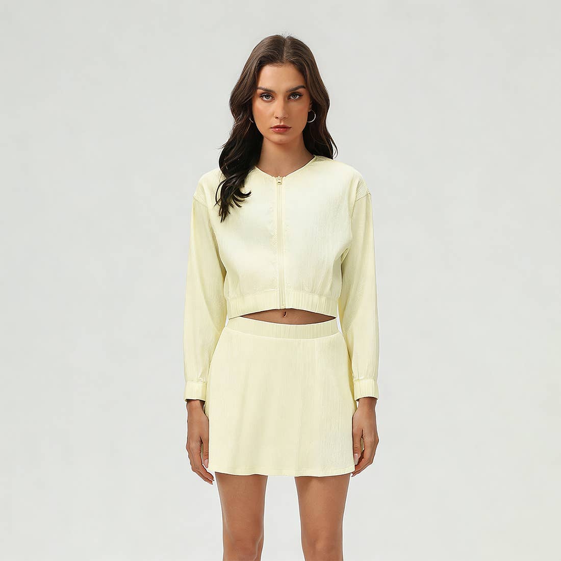 Women's Summer Set:Cropped Full Zipper Jacket And Skirt: Yellow / 8