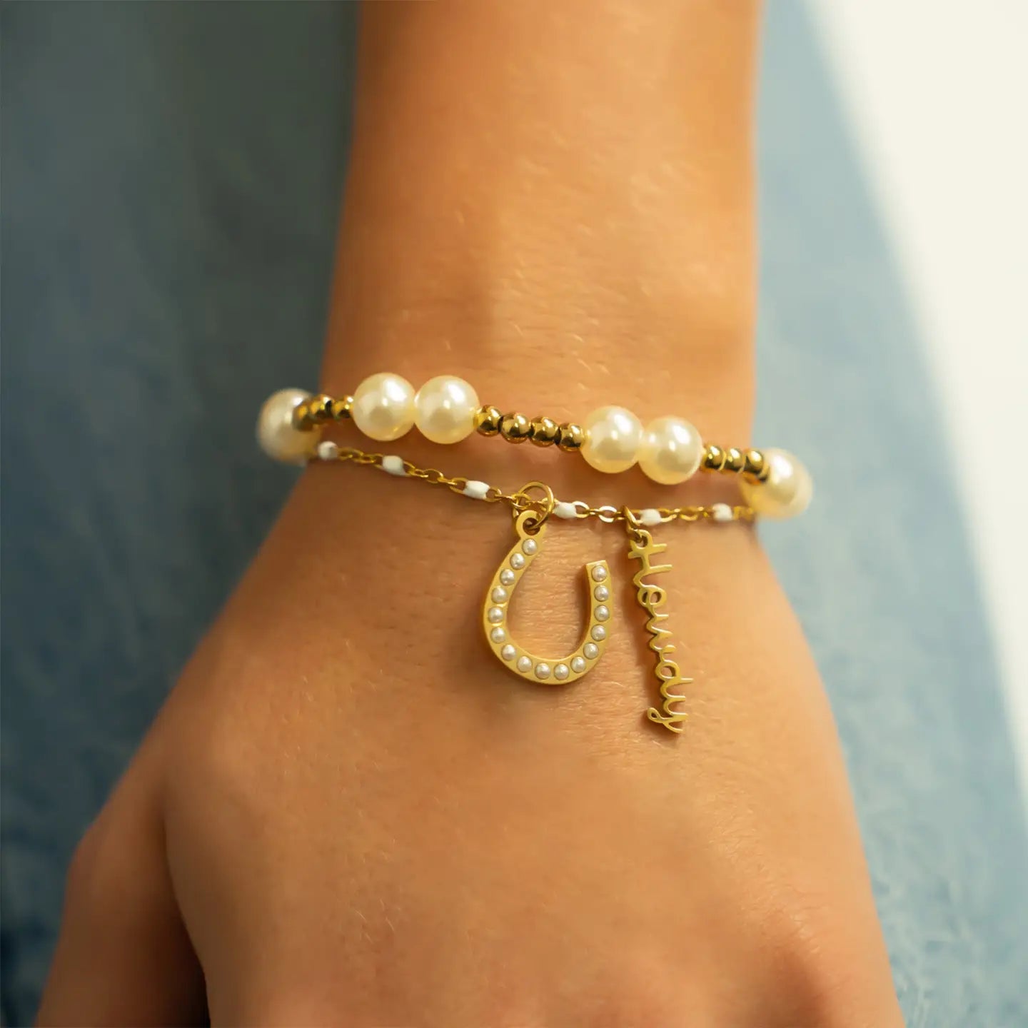 18K Gold Pvd 8mm Kiska Glass Pearl Stretch Bracelet