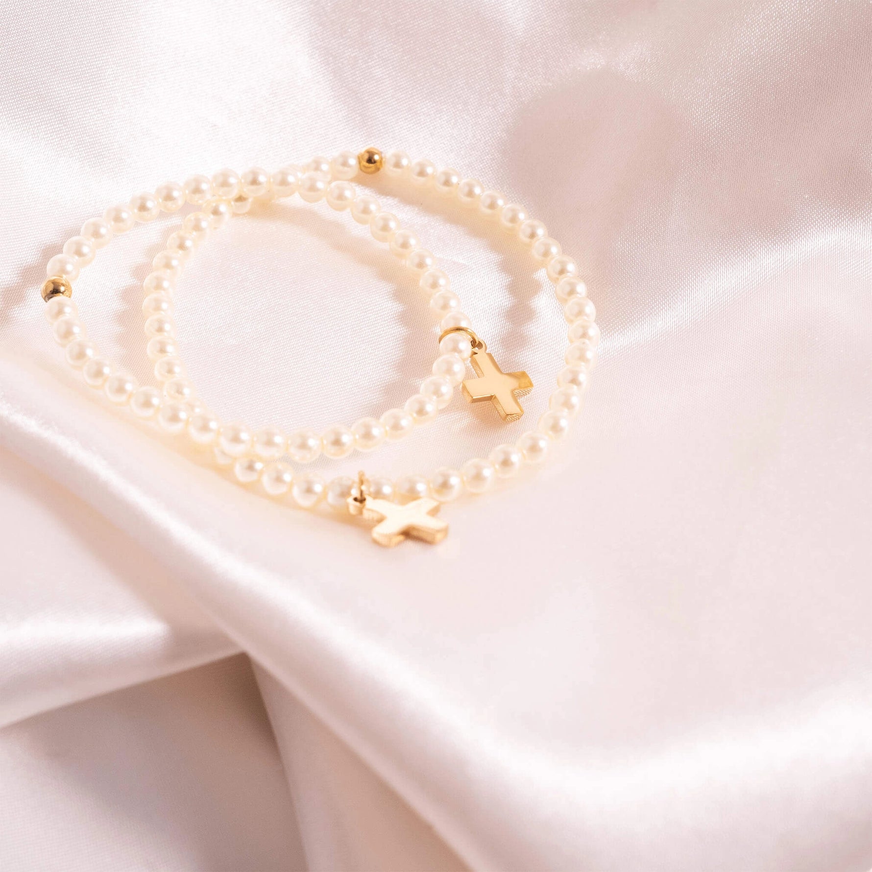 18k Gold Pvd Stainless Steel Pearl Cross Bracelet Adult