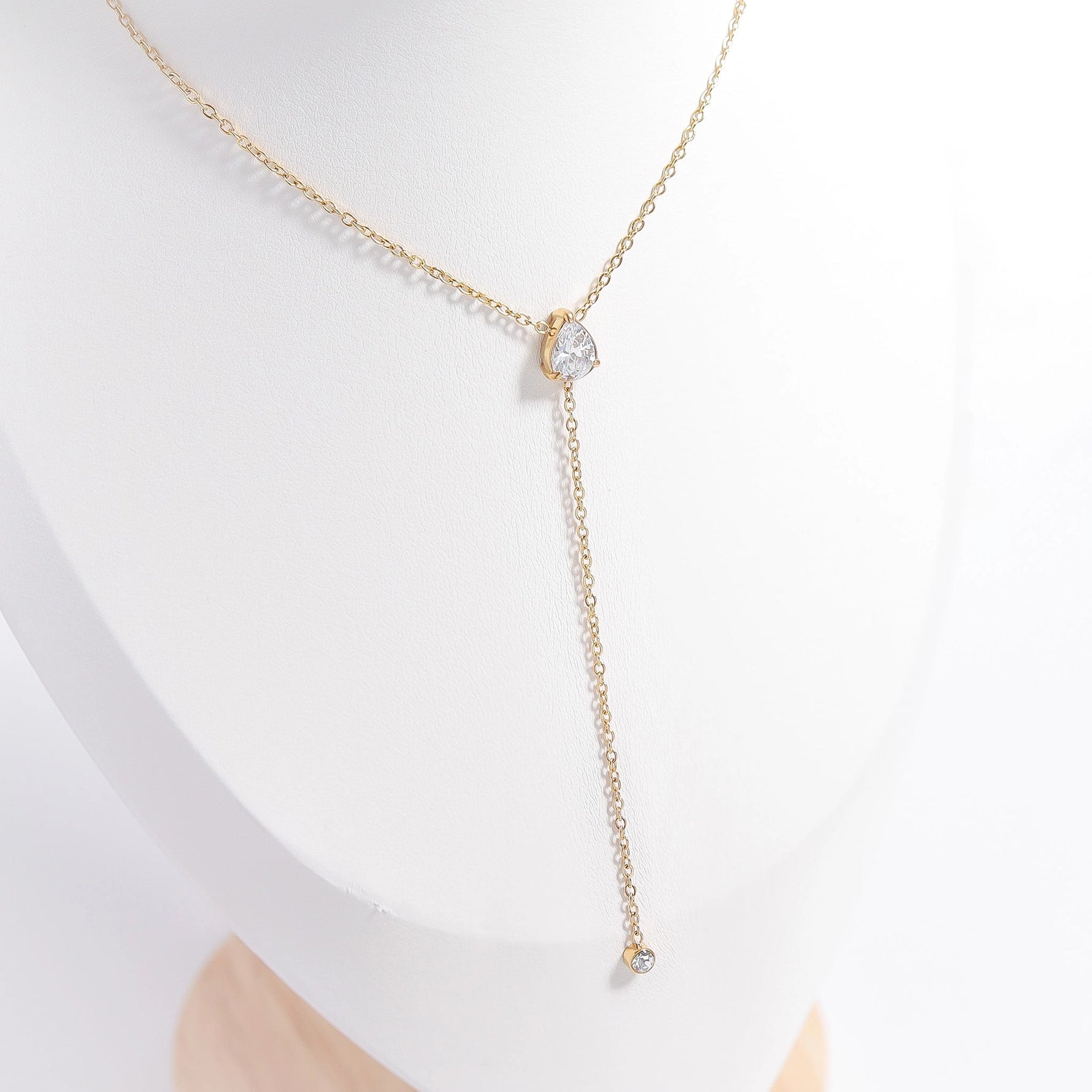 18K Gold Pvd Stainless Steel Teardrop Cz Lariat Necklace