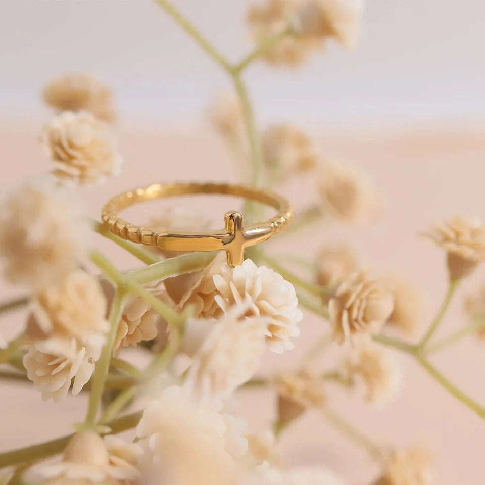 18K Gold PVD Stainless Steel Beaded Cross Stacking Ring