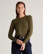 EMERALD COLLECTION Cotton & Cashmere Blend Crewneck Top in Army Green Size L