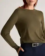 EMERALD COLLECTION Cotton & Cashmere Blend Crewneck Top in Army Green Size L