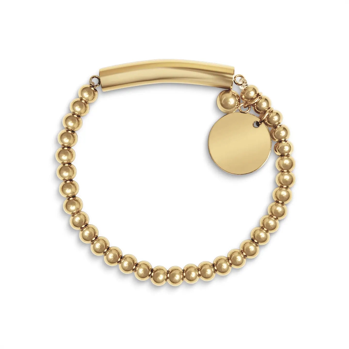 Gold Beaded Stretch Bracelet with Engravable Charm