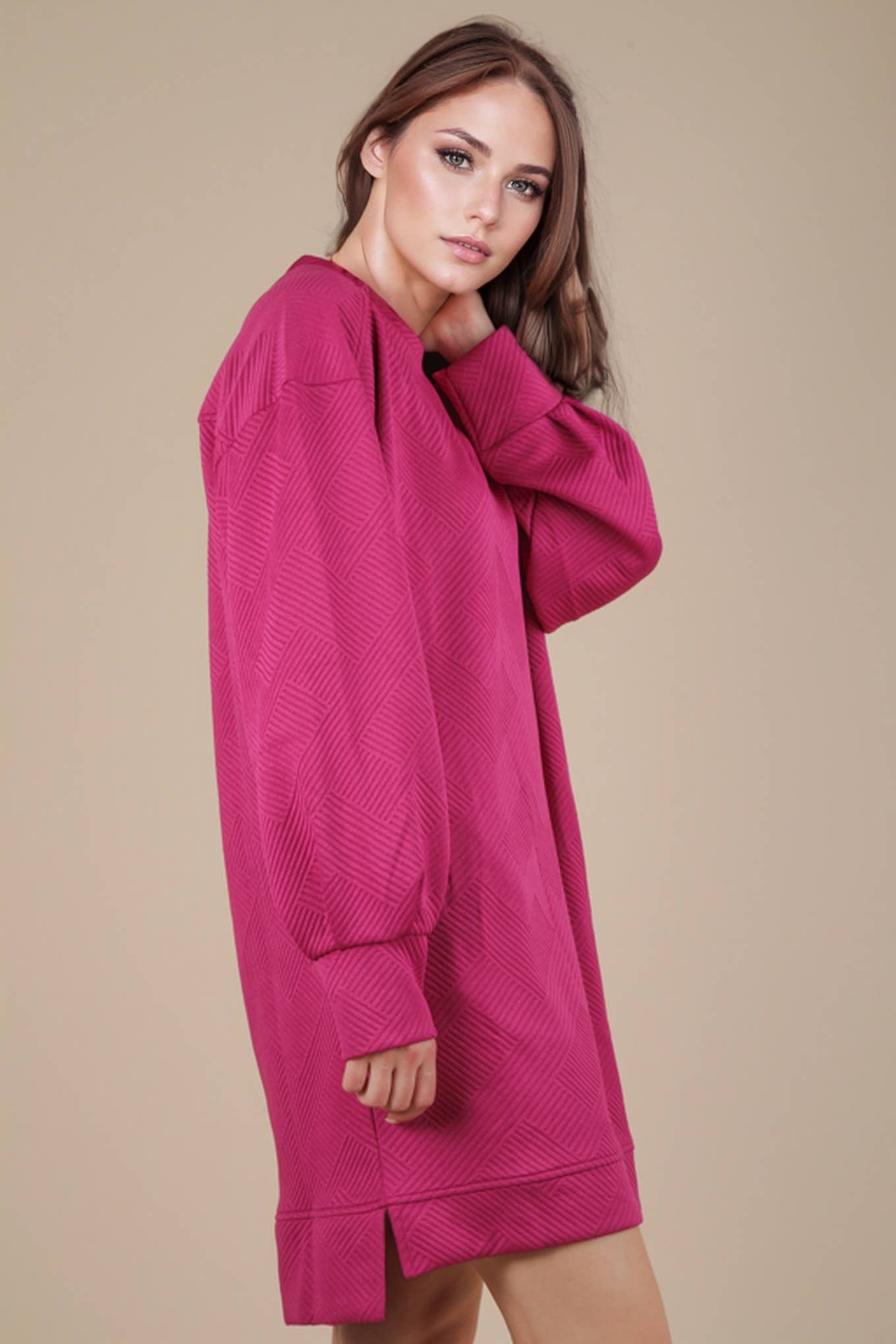 Round Neck Oversized Comfy Long Sleeve Mini Dress: MAGENTA