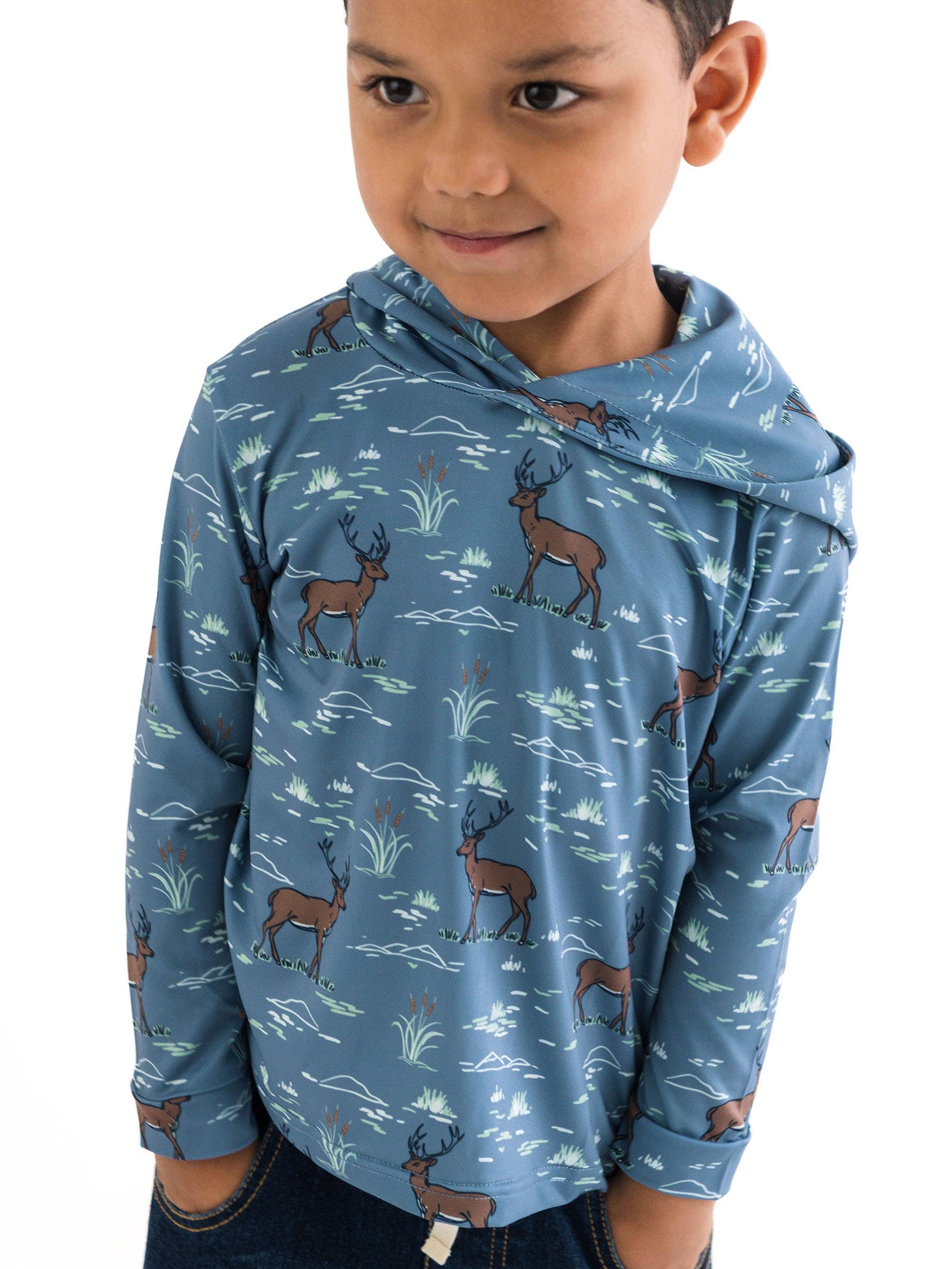 Boys Deer Antler Adventure Performance Hooded Shirt: Blue / 2T