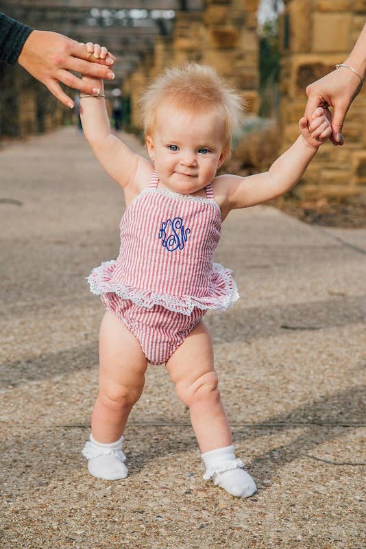 SALE Seersucker Lace Trimmed One Piece - Red: 5t