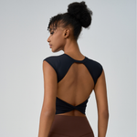 Women's Crew Neck Pleated-Back Open Sports Tank Top: Black / S