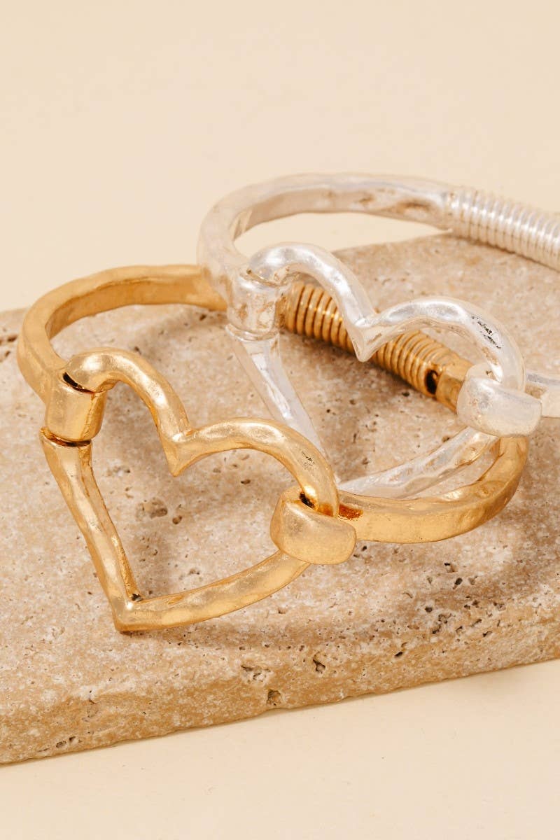 Hammered Gold Heart Coil Spring Hook Bangle Bracelet