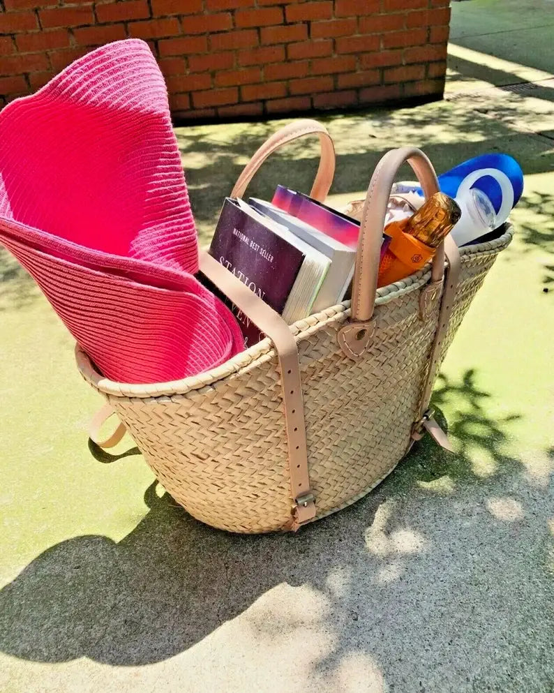STRAW BAG Handmade leather, French Market Basket Backpack: Brown