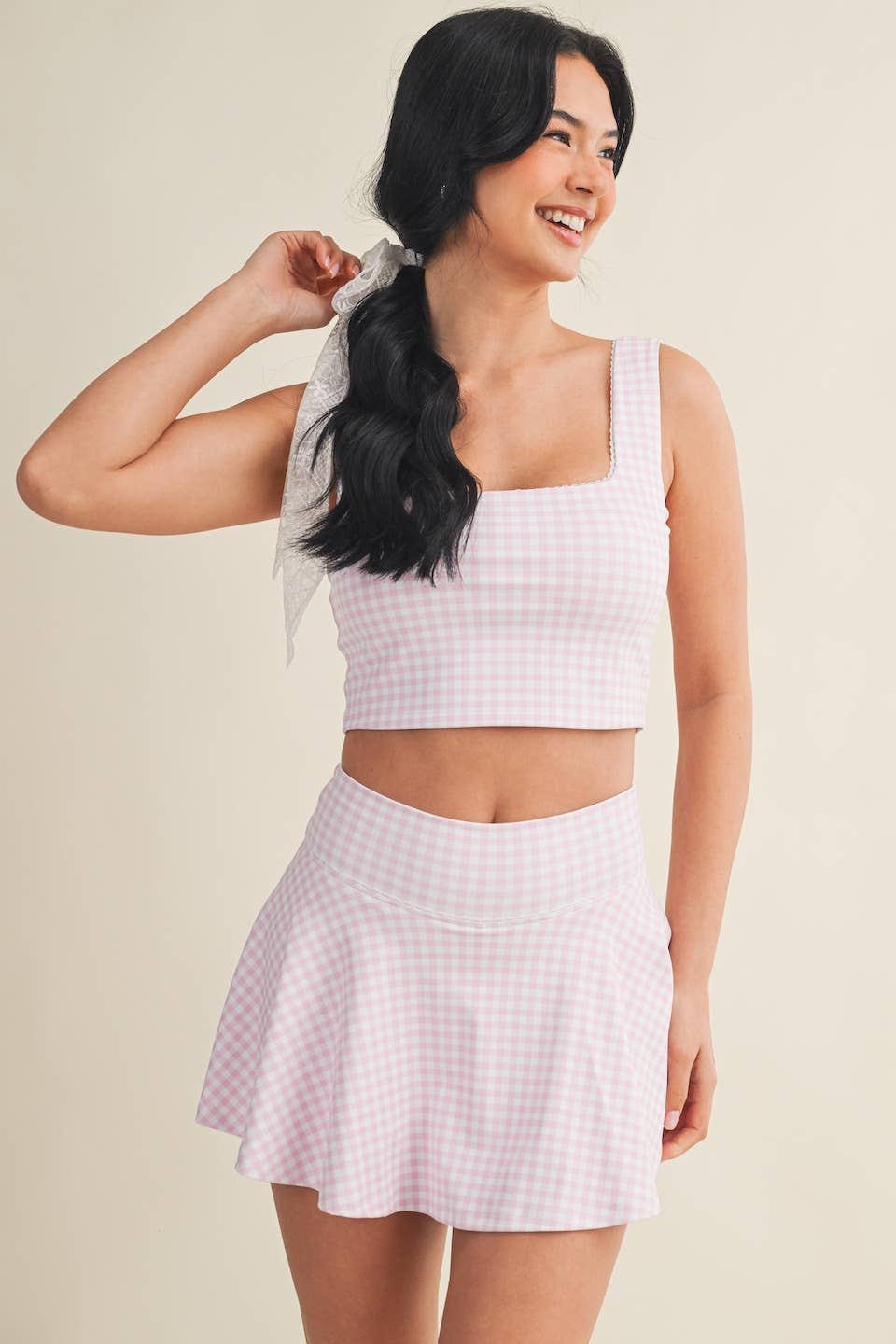 Gingham Print Crop Tank with Lace Trim: Blue Gingham / M