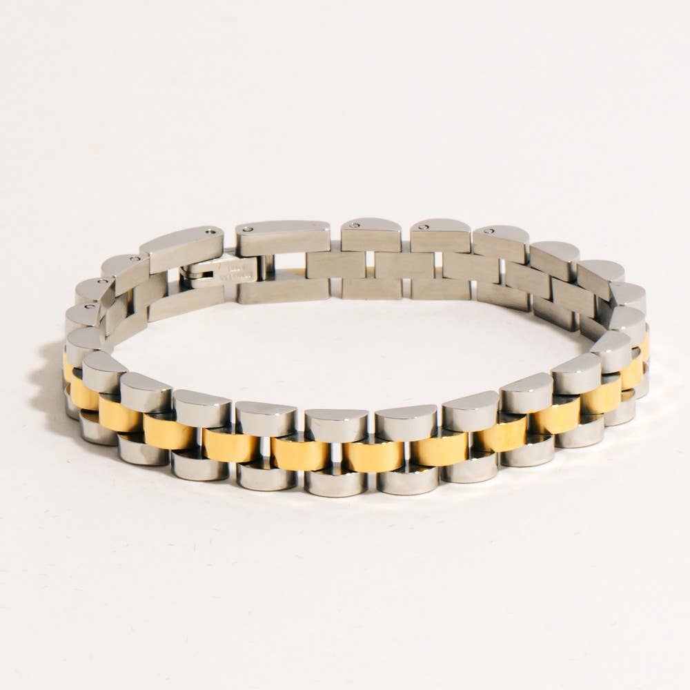 Two Tone Mixed Metal Rounded Watch Chain Bracelet