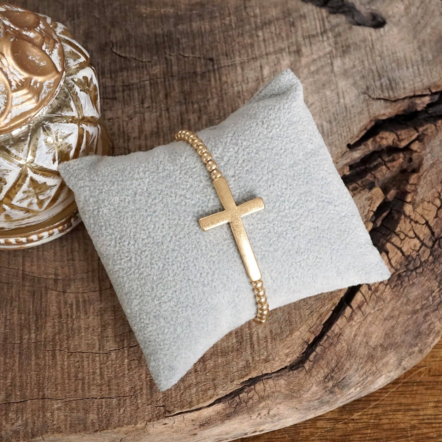 Minimal Cross Stretchy Bracelet in Worn Gold tone with Ball Beads