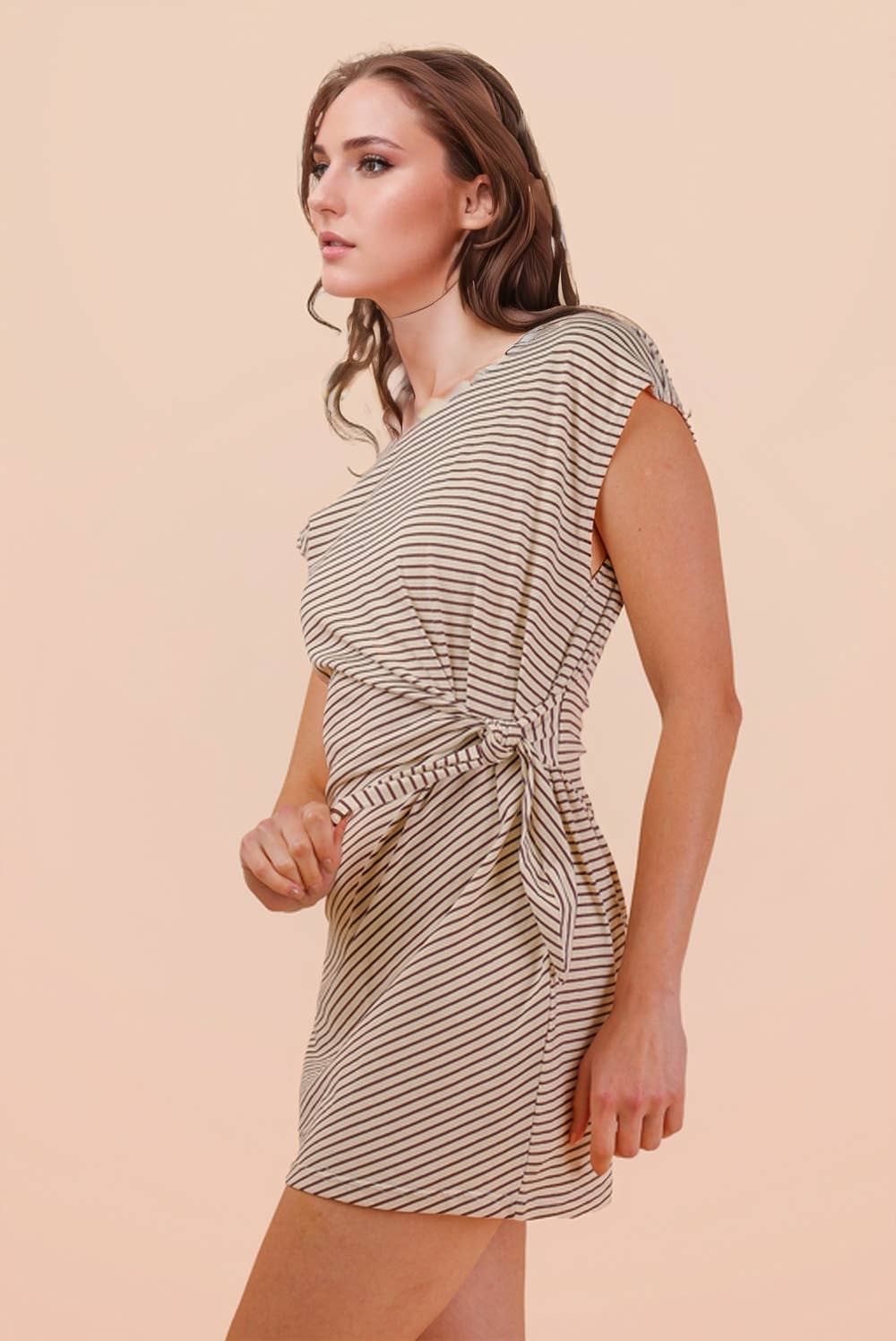 Stripe Knit Sleeveless Mini Dress W/ Tie Detail: CHOCO/CREAM