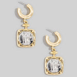 Square Two Tone Saint Coin Charm Hoop Earrings