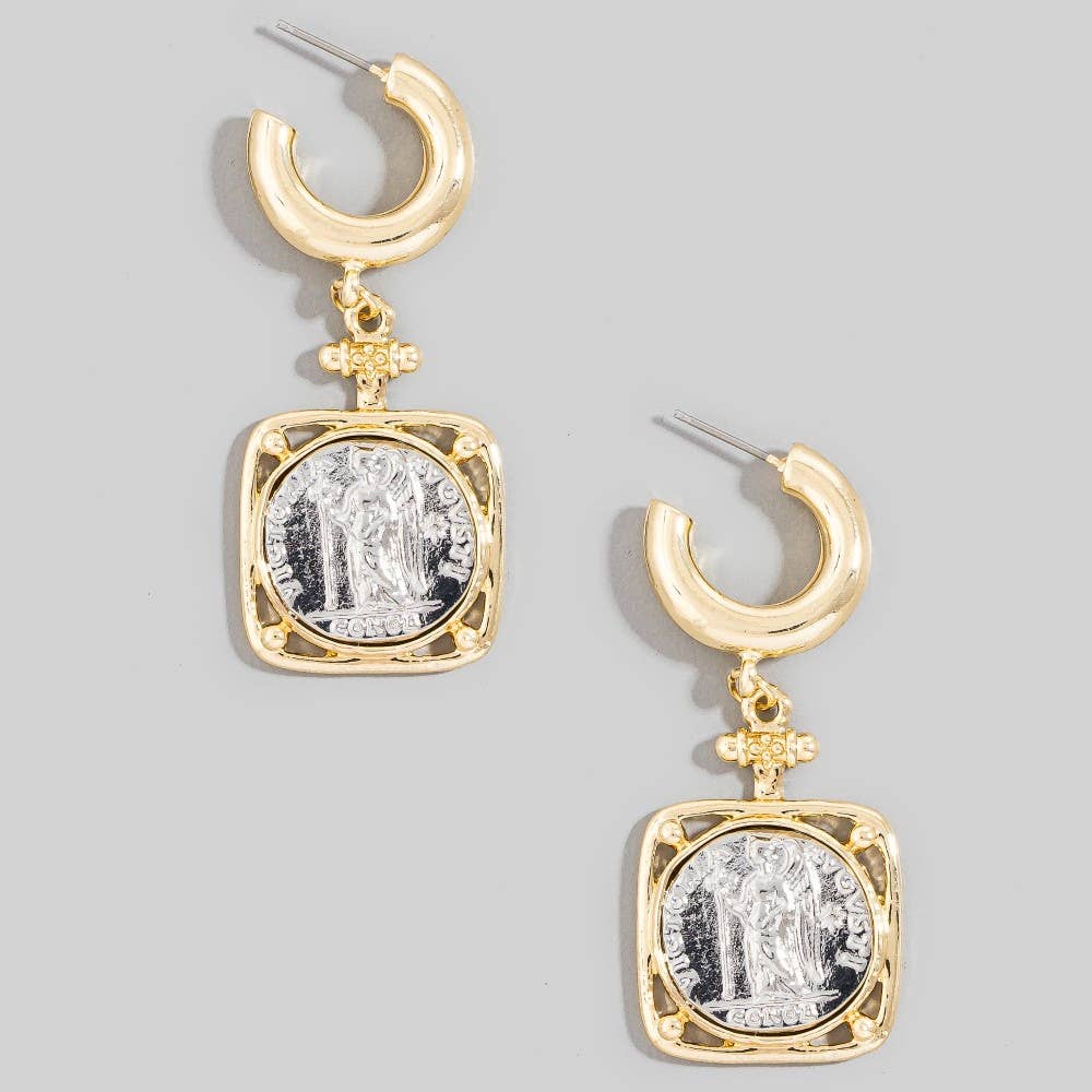 Square Two Tone Saint Coin Charm Hoop Earrings