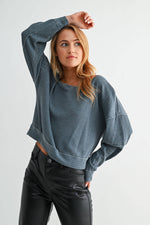 Raw Edge Waffle Knit Boatneck Pullover: MIDNIGHT NAVY