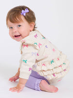 Baby Girls Heather Oatmeal Ribbons Sweatshirt Bubble Romper: Off-White / 6-12m
