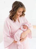 SoftSnooze™ Baby Girls Cotton Modal Pink Gingham Ruffle Knotted Sleep Gown & Bow Hat Set: Pink / Newborn-3m