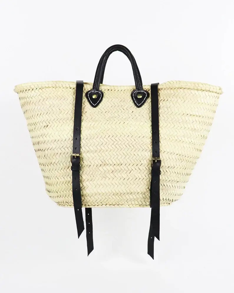 STRAW BAG Handmade leather, French Market Basket Backpack: Brown