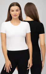 Women's Rib Short Sleeve Top with Inner Bra - 2 PACK: GREEN MILIEU/GARDENIA