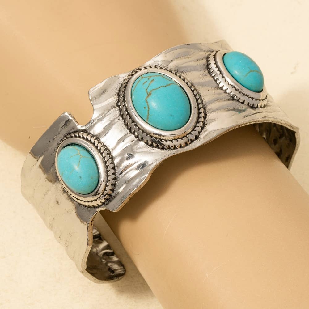 Metallic Textured Turquoise Stone Cuff Bracelet in Silver