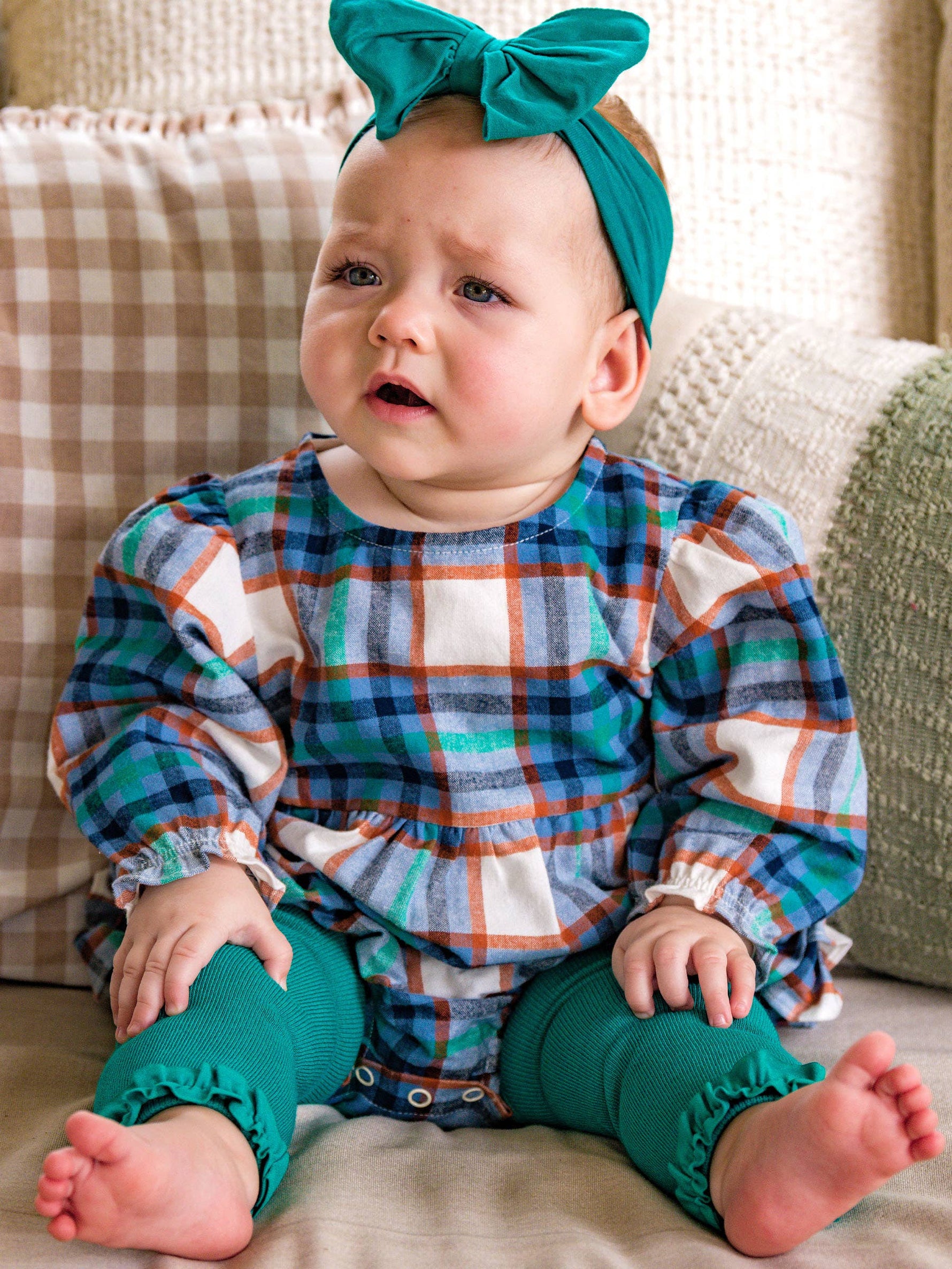 Baby Girls Peyton Plaid Woven Long Sleeve Bubble Romper: Multi-Color / 12-18m