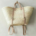 STRAW BAG Handmade leather, French Market Basket Backpack: Brown