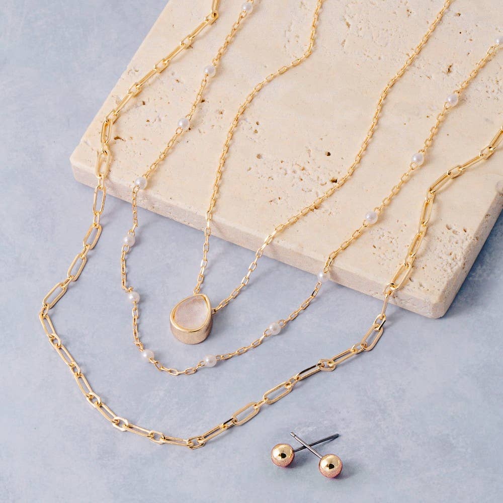 Triple Layered Pearl And Paperclip Chain Necklace Set